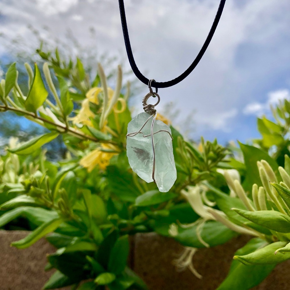 Crystal Fluorite Stone Necklace | Wire Wrapped Pendant Jewelry Gift | Handmade